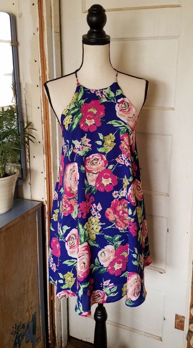 Everly Royal Blue Floral Swing Shift Halter Dress Women's Size Small Sm S Everly Royal Blue Floral Swing Shift Halter Dress Women's Size Small Sm S