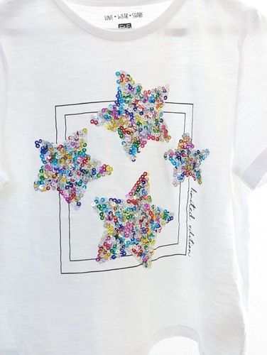F&F Girls 8-9 Years White Sequin Star Top T-shirt Short Sleeve Clothes Summer - Picture 2 of 4