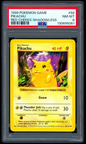1999 Pokemon RED CHEEKS PIKACHU Base Set SHADOWLESS Error Card 58/102 Rare PSA 8