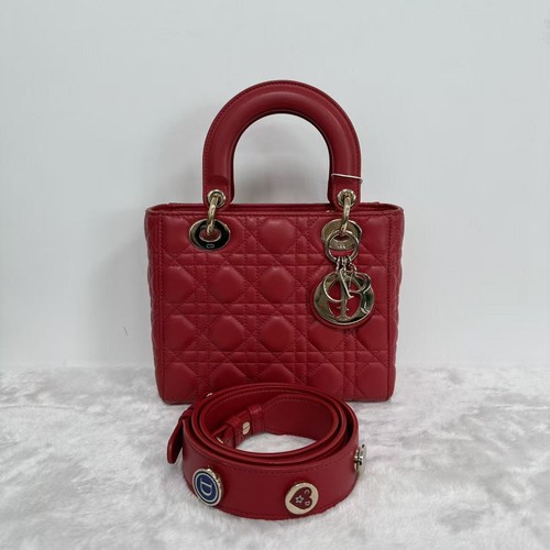 Auth Dior Lady Dior Handbag Bright Red Cannage Lambskin Gold Hardware Badge