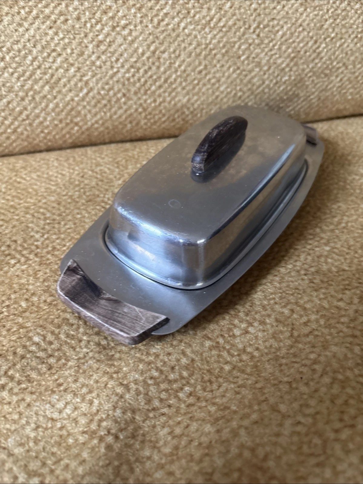 Vintage 18-8 Stainless Steel Butter Dish MCM Wood Handles Japan Covered Lidded