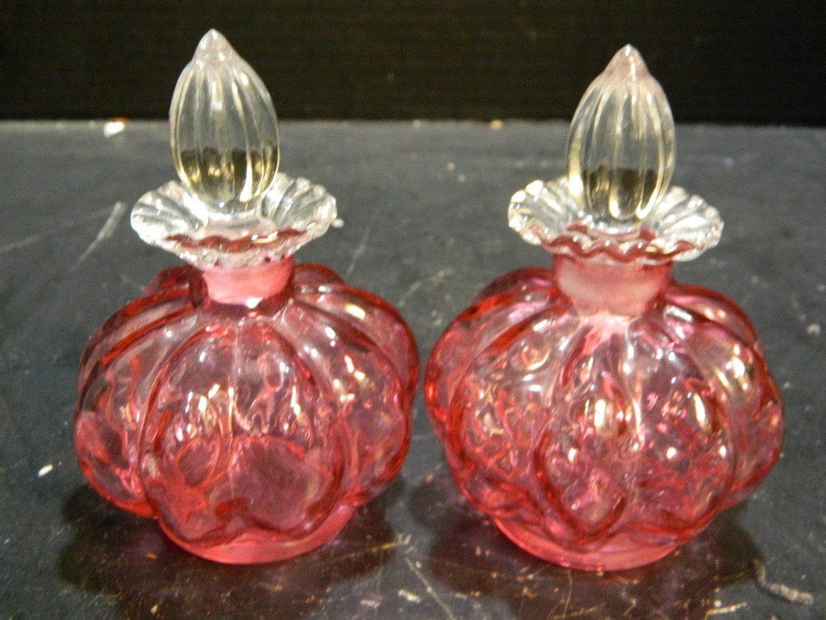 Vintage (2) Fenton Glass Cranberry Diamond Optic Perfume Bottles
