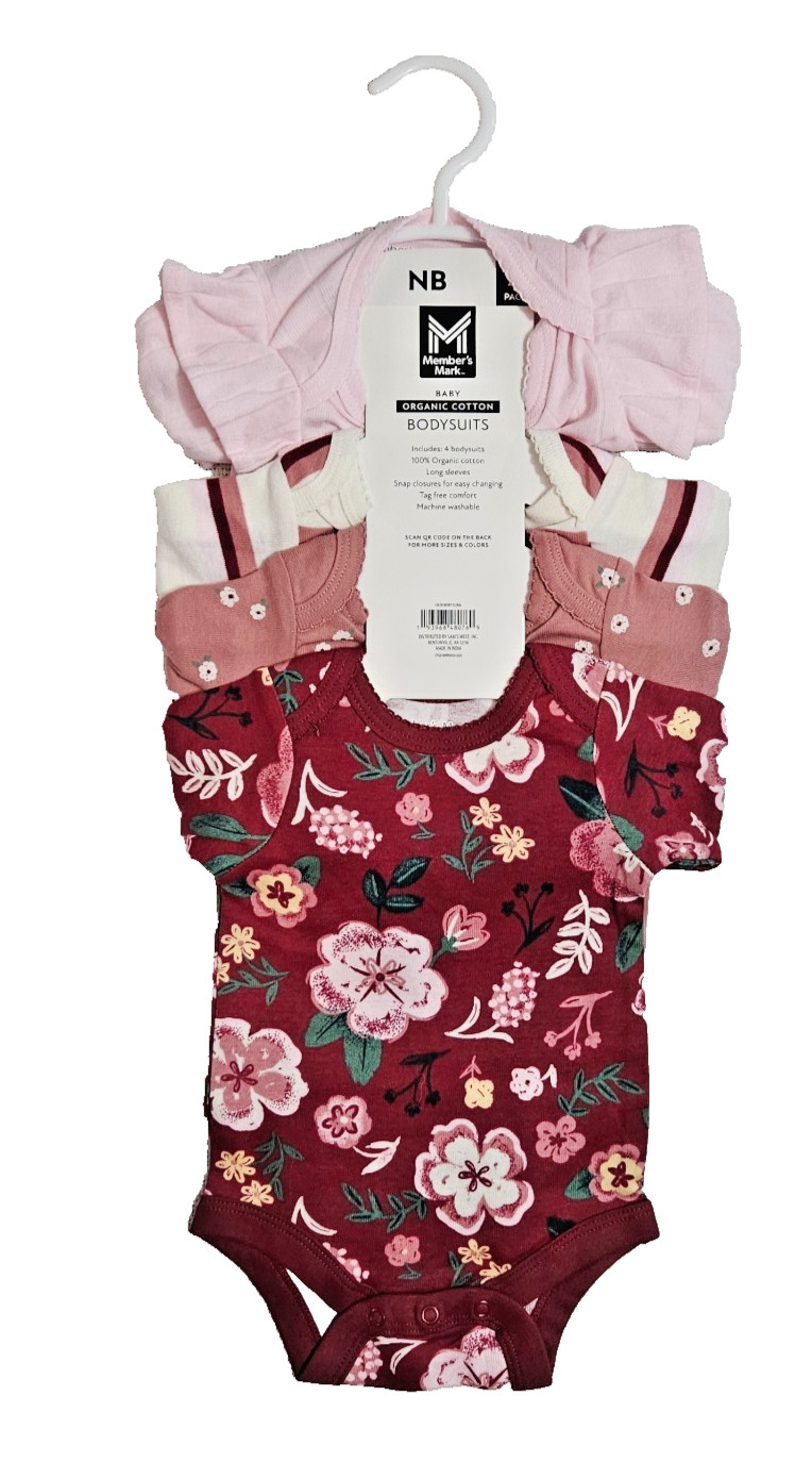Bodysuits Baby Berry Pink Floral 4 Pack Long Sleeve Girl's NB By Member's Mark
