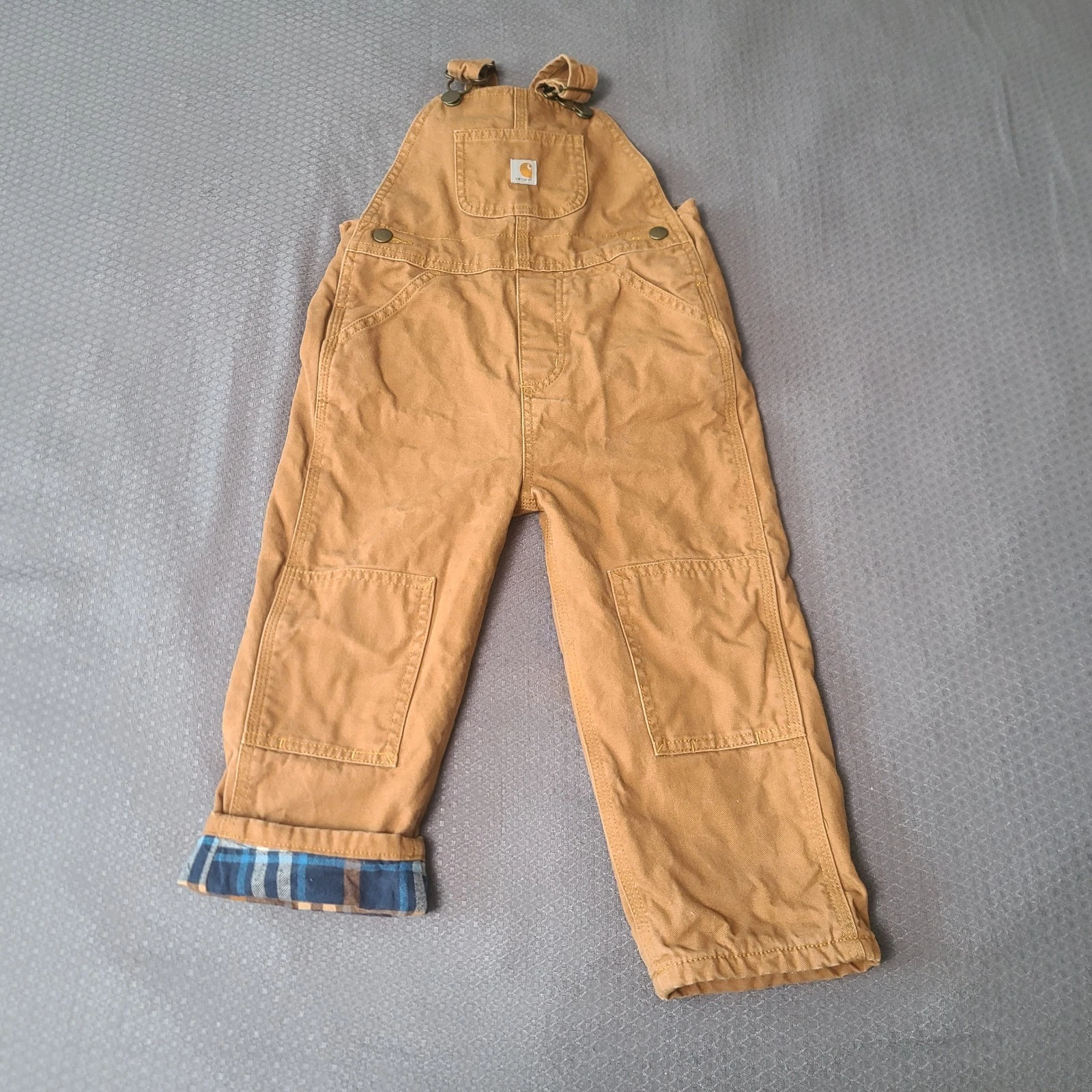 Carhartt Flannel Lined Double Knee Bib Overalls Toddler Sz 3T Duck Canvas Chore