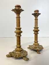 COPPIA PICCOLI CANDELIERI PORTA CANDELA BRONZO ZAMPE FERINE 15 cm/h EPOCA '800