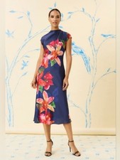 Maggy London Mock Neck Midi Length A-line Cap Sleeve Floral Dress Size 4 NWT