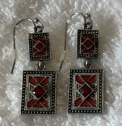 Lia Sophia Jewelry Lattice Red Crystal Silver Tone Dangle Drop Earrings Retired