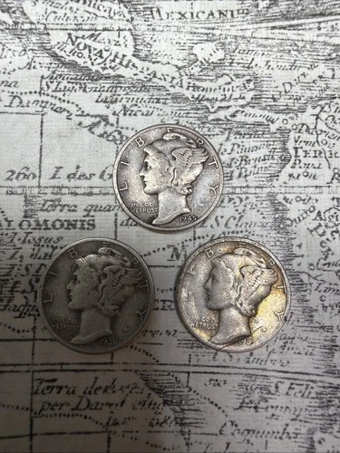 Lot of 3 Mercury Dimes 1937, 1945, 1936 - F-VF EXACT coins pictured -MD5