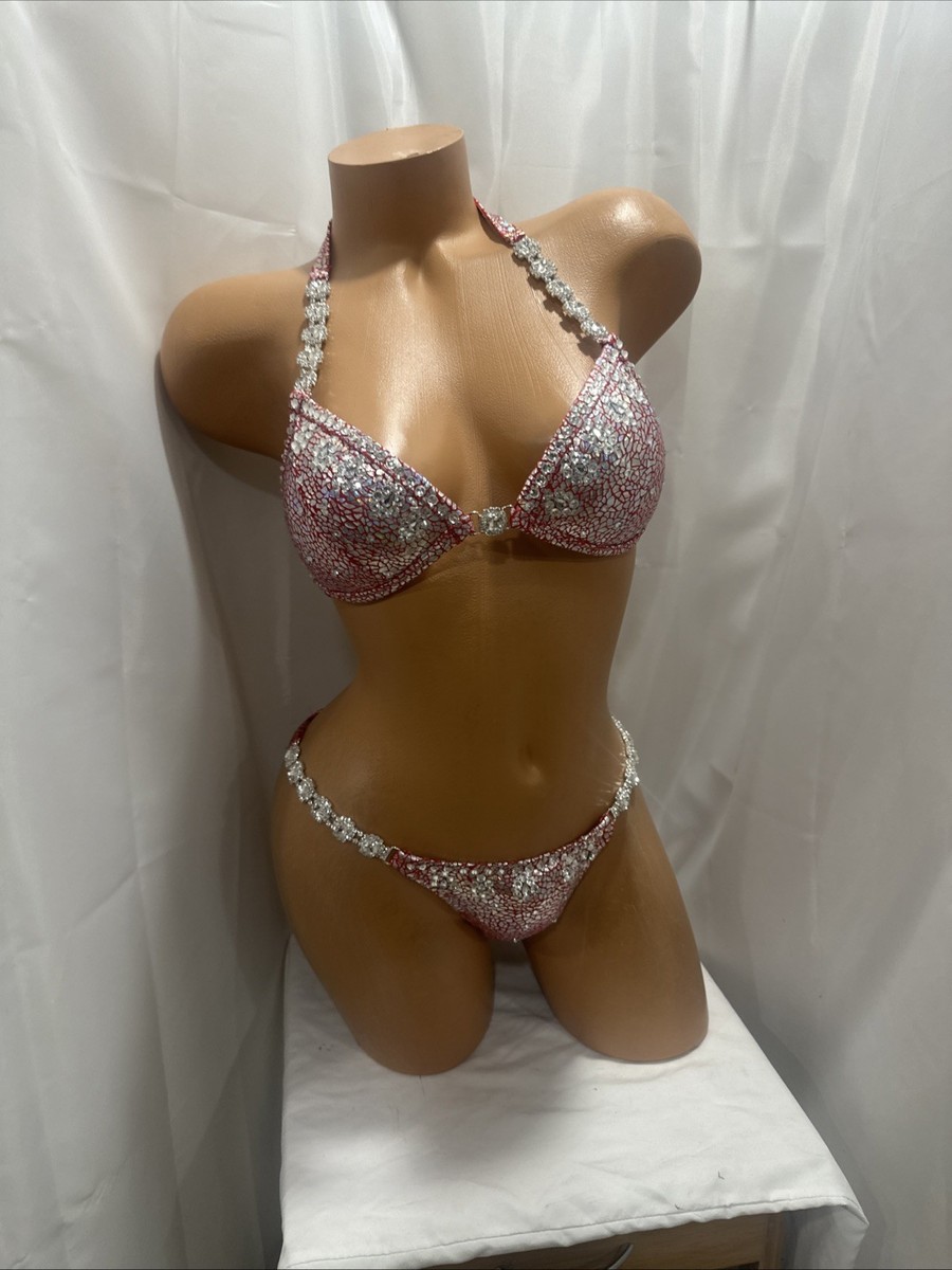 Competition Bikini, Suit Metallic, RED / Silver Handmade 34B Med Bottom