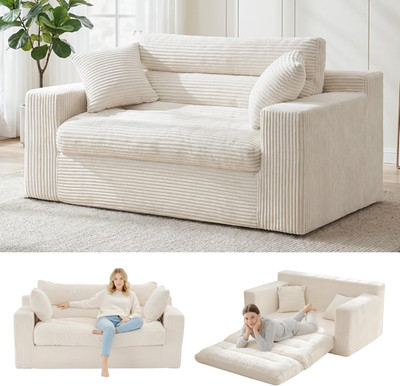 Beige Convertible Sofa Bed with Pillows - 2-Seater Loveseat for Any Space