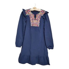 Kirundo Embroidered Mini Shift Navy Dress Large Boho Hippie Ruffled Hem
