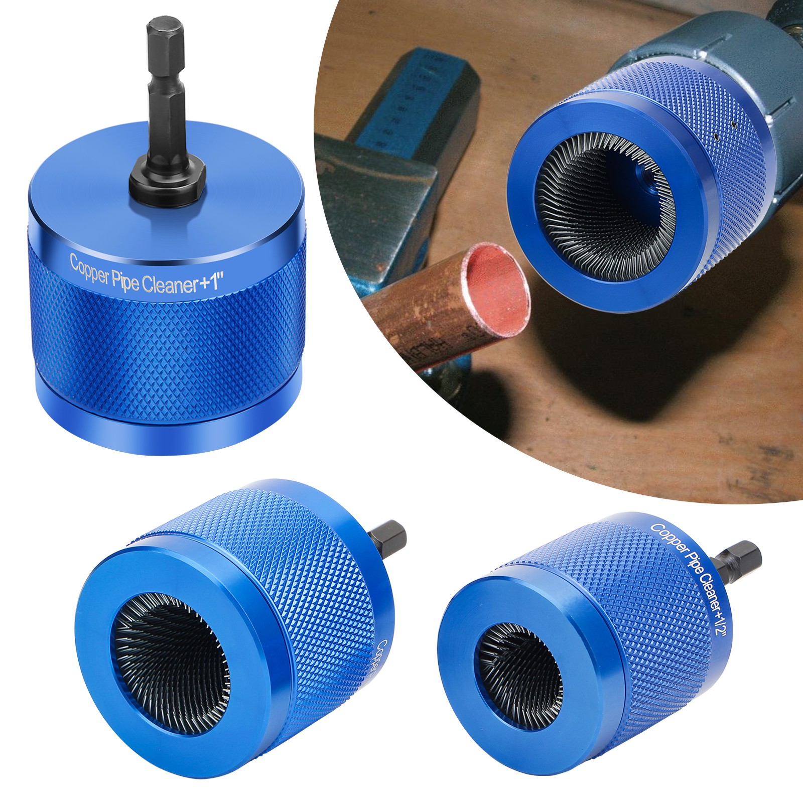 3x 1/2" 3/4" 1" Copper Pipe Cleaning Brush Set for Drill HVAC Plumbing Cleaner