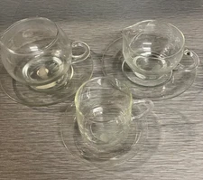 Princess House Heritage etched,  2 Creamer bowls, 1 small Cup, 3 Saucer Plates