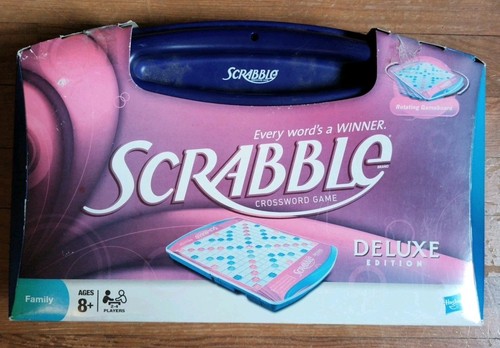 SCRABBLE DELUXE TRAVEL EDITION Rotating Gameboard In Blue Case With Drawers, New