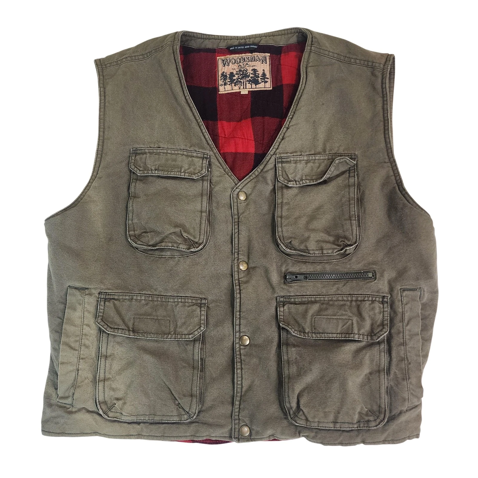 Woodsman ATA Vest Mens Large Green Canvas Quilted Buffalo Plaid Lined Utility
