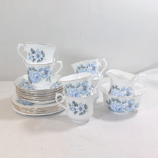 Queen Anne 6 Trio Cup Saucer 5x Plate With Milk Jug & Sugar Bowl Blue Flower