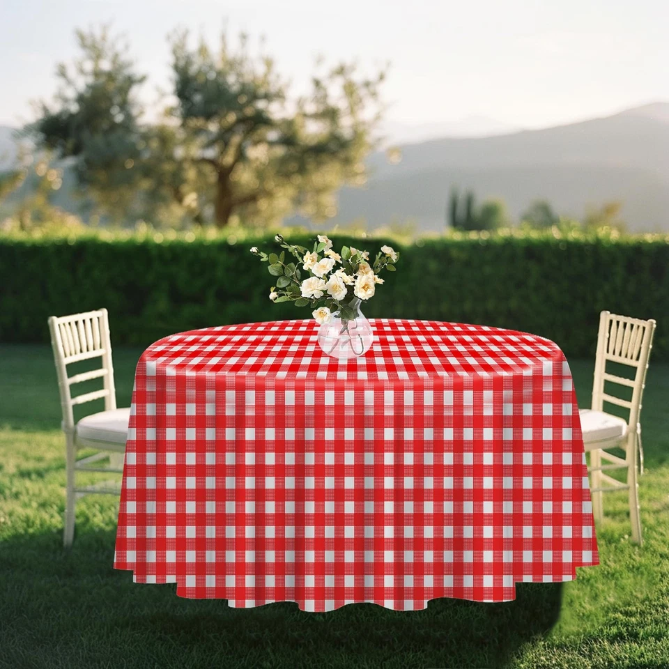 Gingham Pattern Tablecloth, Round 84 Inch, 2 Pack Disposable Plastic Cover, Red - Image 4 of 4