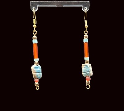 Egyptian Genuine Faience Scarab Earrings w/ Carnelian & Turquoise Beads
