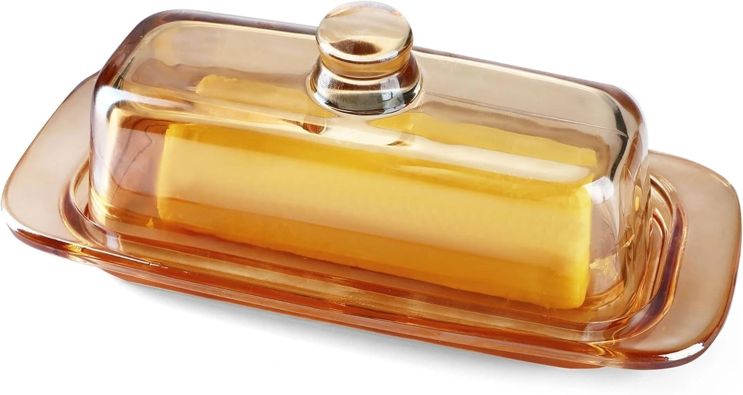 Champagne Vintage Glass Butter Dish with Lid Countertop and Refrigerator Use