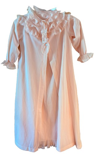 🎀 Vintage 70s Girls Sz 6 Pink Ruffle Lace Baby Doll Nightgown Robe Set Sweet 💕 - Picture 2 of 14