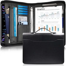 Faux Leather Portfolio Binder with Handle & Clipboard, Zippered Padfolio Folder 