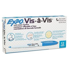 NEW EXPO BLUE Vis-a-Vis 12 Wet Erase Markers - Fine Point - 16003