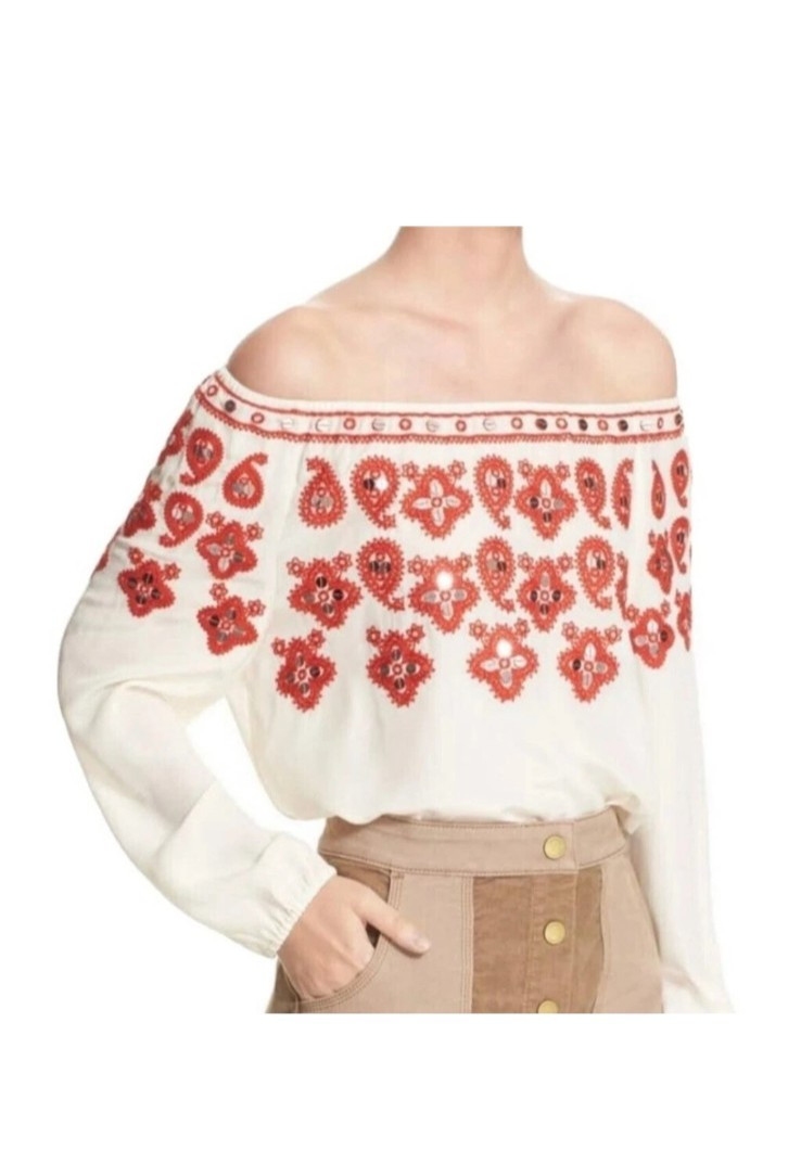 Tory Burch Blouse Silk Embroidered Boho Leyla Top Cream Sequins Size 4