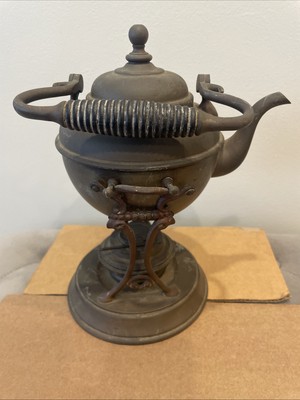 Antique /Vintage Brass Copper Tea Pot Kettle w/ Burner Warmer Stand