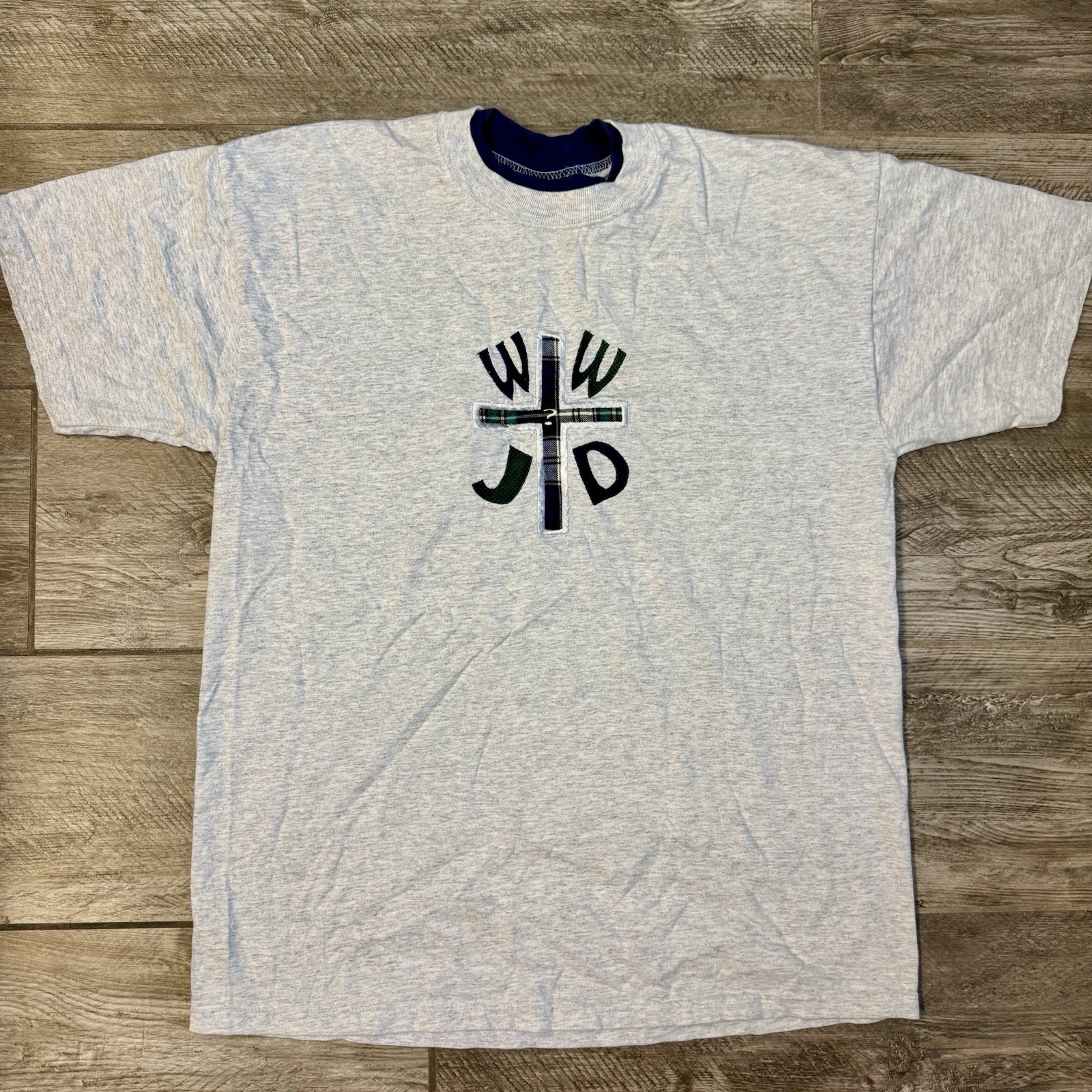 Vintage Y2K WWJD Gray Ringer Tee with Cross Design Made in USA