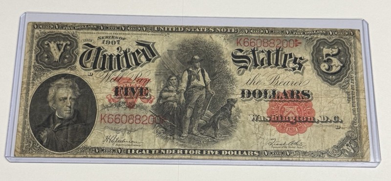 Fine 1907 $5 U.S. ‘Woodchopper’ Note, Speelman-White (Fr #91) Large Bill