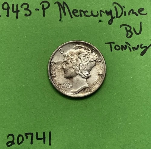 1943-P Mercury Dime 10c BU Brilliant Uncirculated Toning US Coin See Pictures