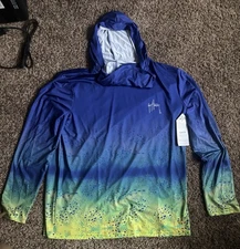 Guy Harvey Shirt Mens XL Blue Green Fishing Performance Long Sleeve Hoodie