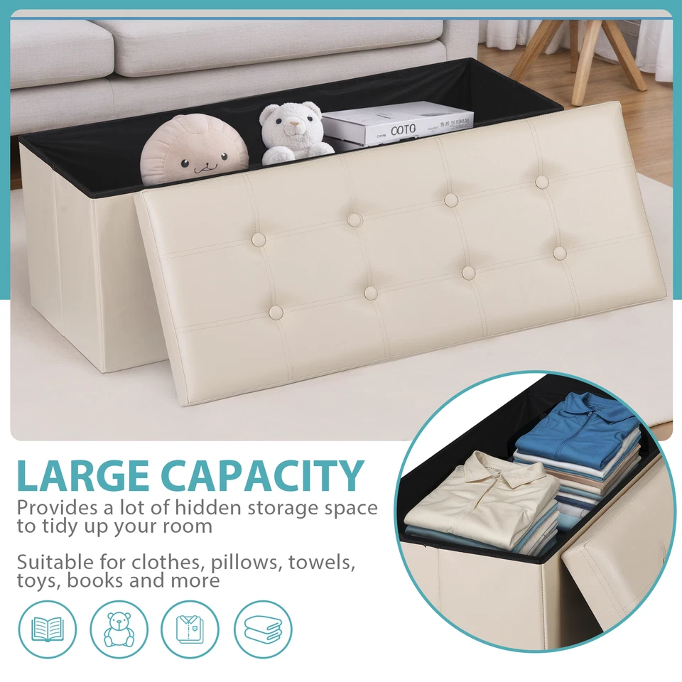 43"Ottoman Storage Folding Bench Toy Chest Box Footrest Stools for Bedroom Beige - Image 4 of 4