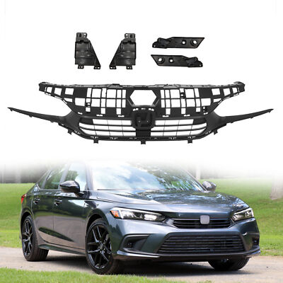 Black Front Bumper Upper Grill Grille Kit For 2022 2023+ Honda Civic Sedan 4D