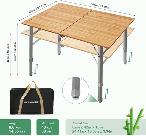 Bamboo Folding Camping Table 2-Folds Adjustable Aluminum Legs, Portable Picnic - Picture 3 of 12