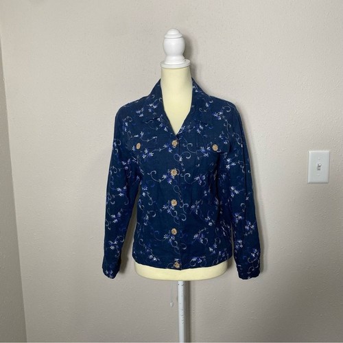 Vintage Erin London Linen Blend Blue Floral Button Up Blouse Women's Size MP - Picture 16 of 16