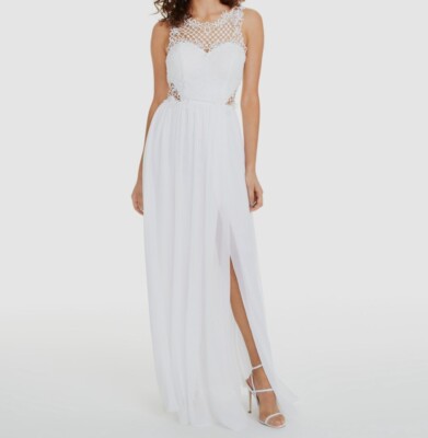 City Studios Gown Juniors 0 White Chiffon Embellished Illusion Tulip Hem NWOT