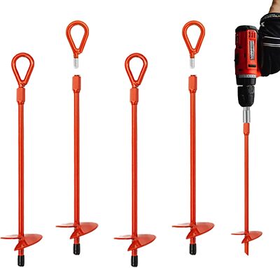4 Pack 15'' Ground Anchors Screw in with Drill, Heavy Duty 3'' Wide Helix Spiral E