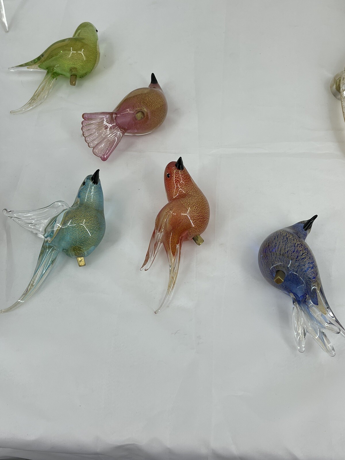 Murano Art Hand Blown Glass Bird Bath (5) Birds Gold Flakes Authentic