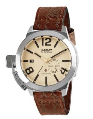 New U-Boat CLASSICO 42MM TUNGSTENO BEIGE Dial Leather Band Men's Watch 8892