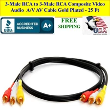 3 Connector Male to Male RCA Composite Video Audio AV Cable Gold Plated 25 FT