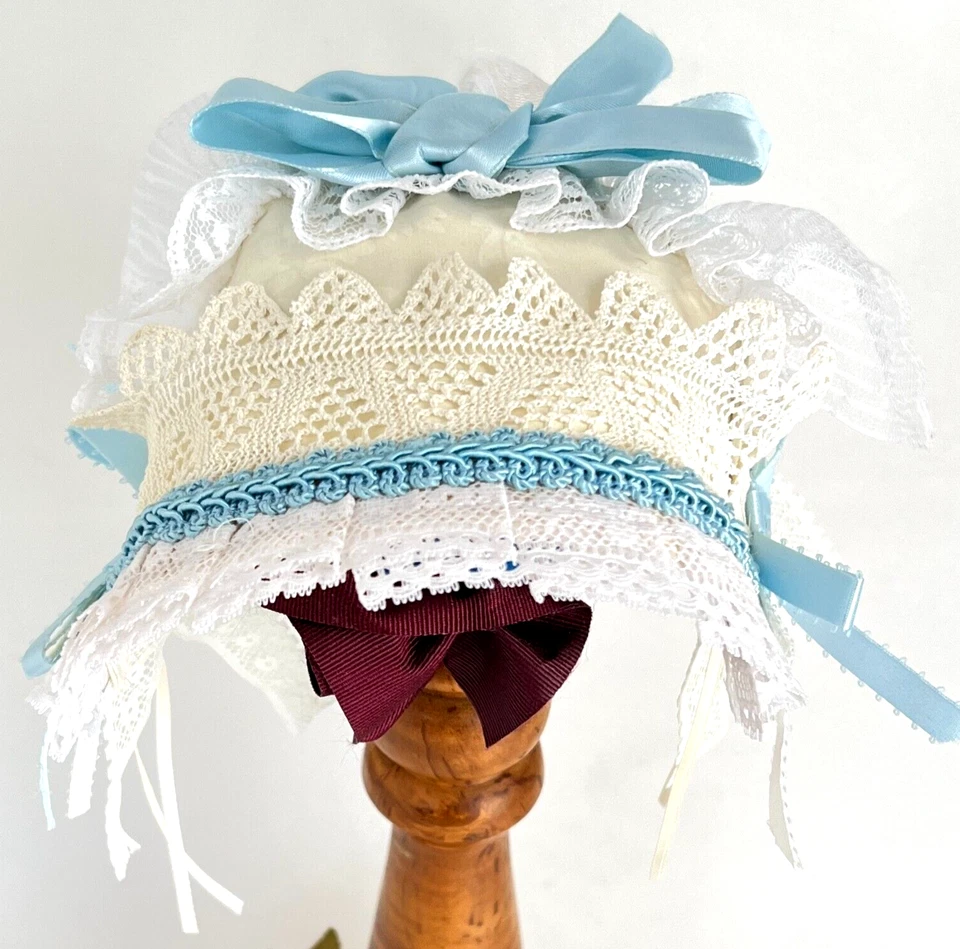 Civil War Victorian Reenactment Reproduction Womens Day Cap Hat Blue & White - Image 3 of 4