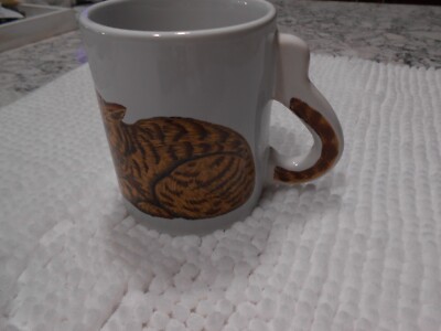Orange Tiger Striped  Kitty Cat Coffee Mug Cup With Tail Handle Ceramic