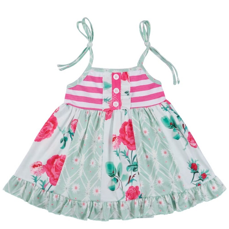 NWT Boutique Floral Green Pink Sleeveless Girls Ruffle Dress 6-7