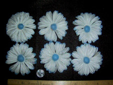 6 Vintage White with Blue Tip and Center Faux Silk Daisies- Japan