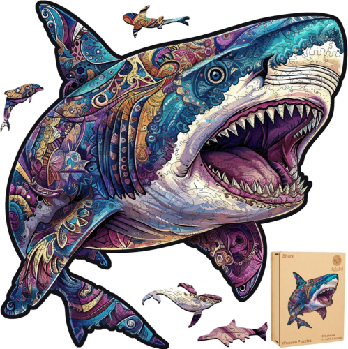 Wooden Puzzles for Adults, Shark Jigsaw Puzzles 500 Pieces, Unique Shape Puzzles