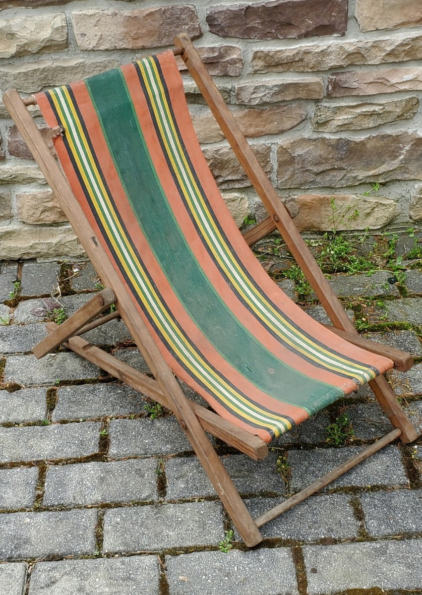 Antique Folding Chair Beach Wood & Canvas Adjustable Fishing