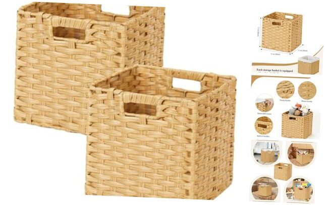 Wicker Storage Baskets with Handles, Foldable Storage 11in-2 pack Natural-image