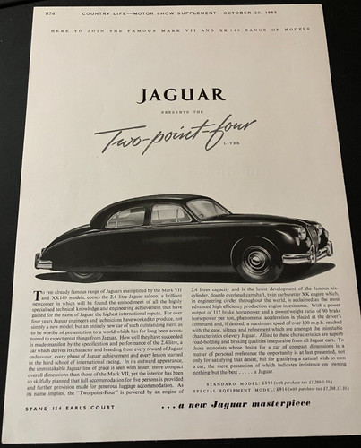 1955 Jaguar Mk1 2.4 Litre - Vintage Original Automotive Print Ad / Wall Art NICE