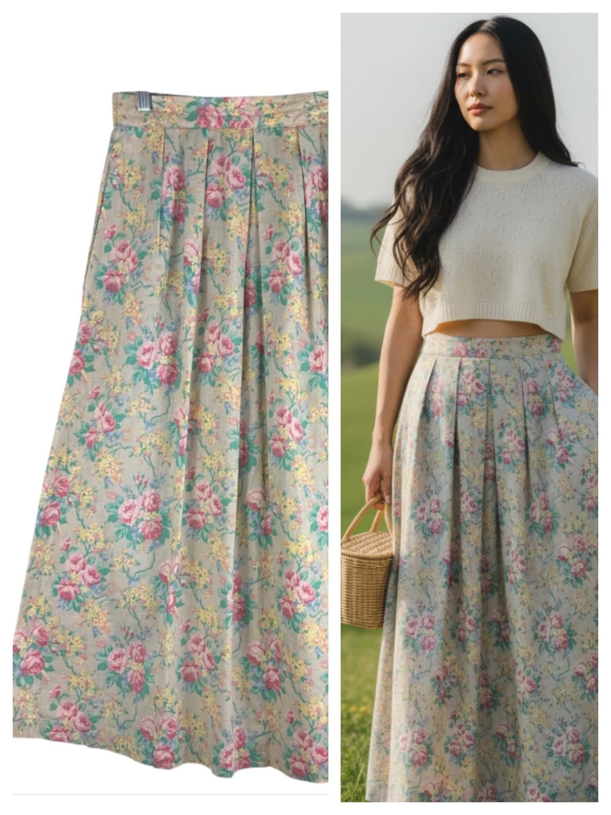 Vtg Portraits Northern Isles Sz 8 Medium Maxi Skirt Floral LINEN Cottage Tan p